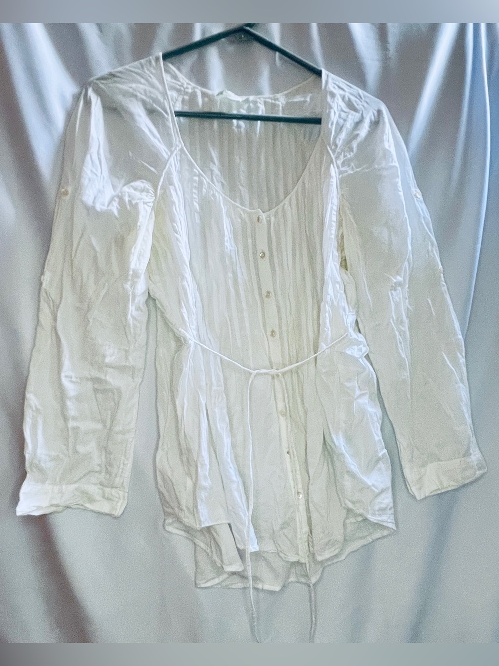 Boho White Crinkle Cotton Tunic Blouse Tie Waist Button Front Size